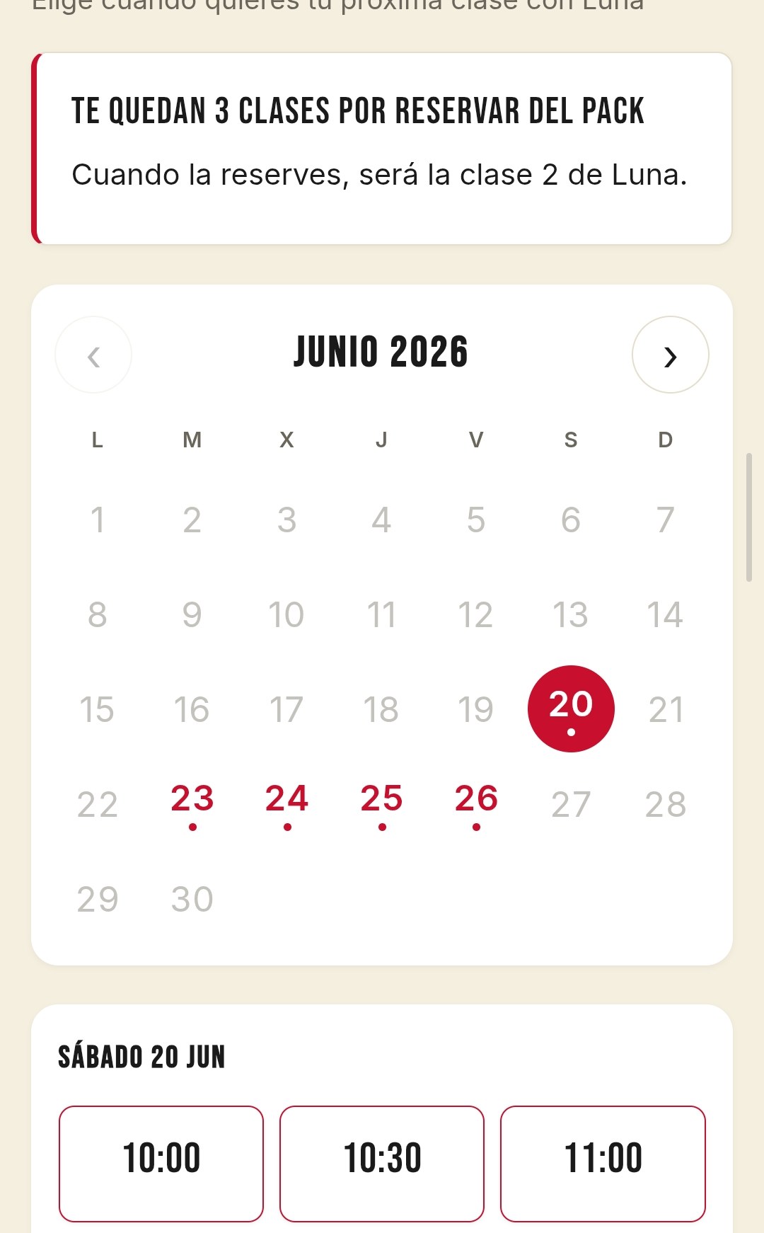 Calendario para reservar la proxima clase